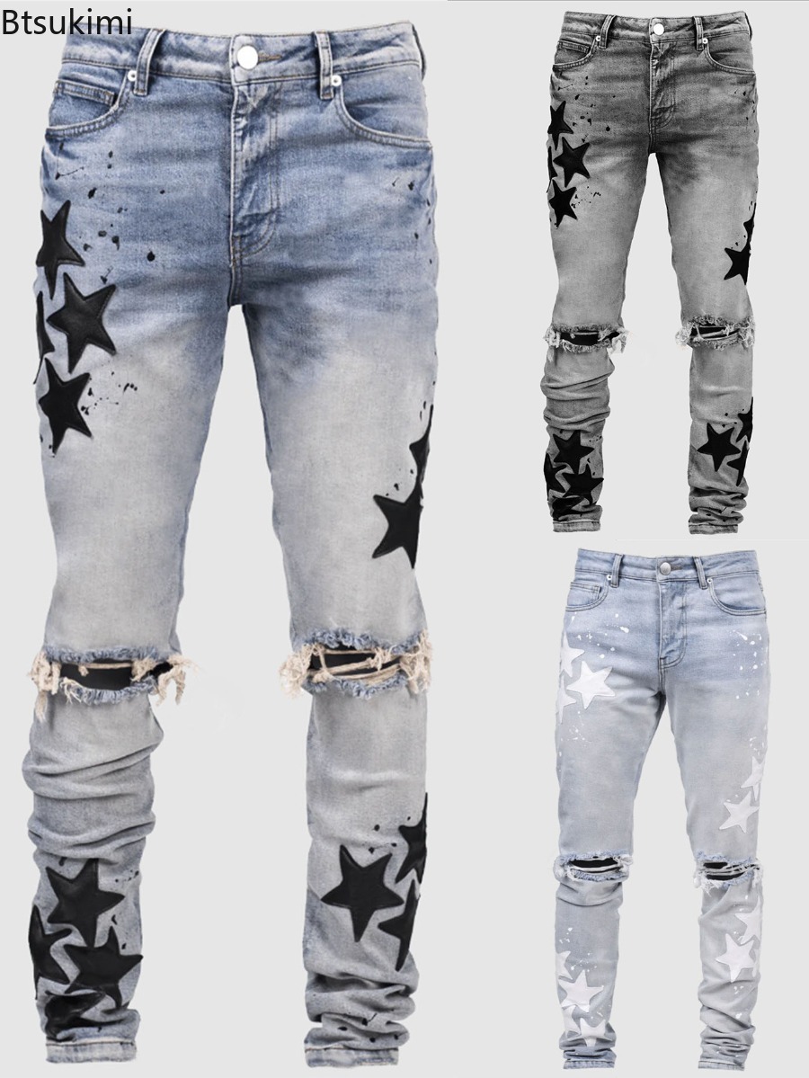 Street Fashion Style Male - جينز رجالي جديد بخصر متوسط ومرن،